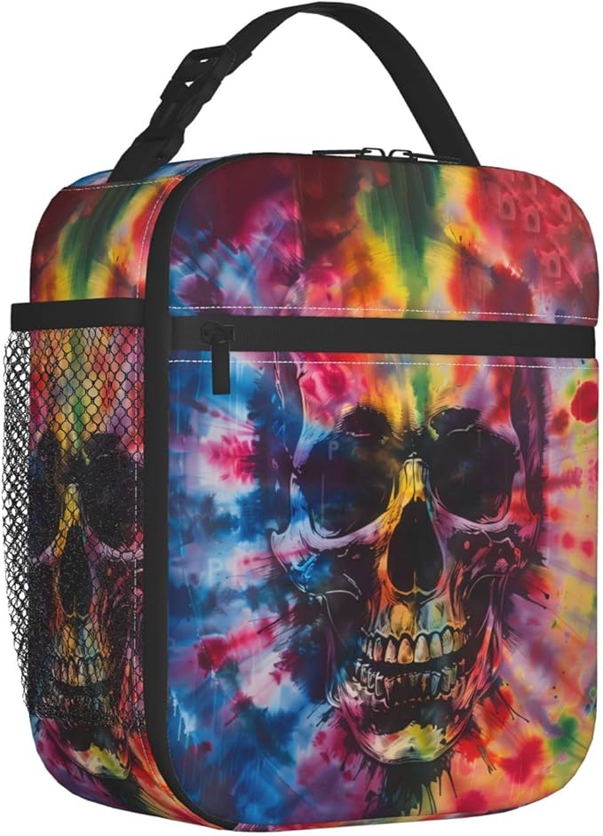 Reusable Tie Dye Lunch Box for Kids Girls Boys Women Adult, Insulated Skull Lunch Bag,Polyester Cooler Abstract Handbags Case for School Picnic Work Travel Beach or Hiking (Colorful)