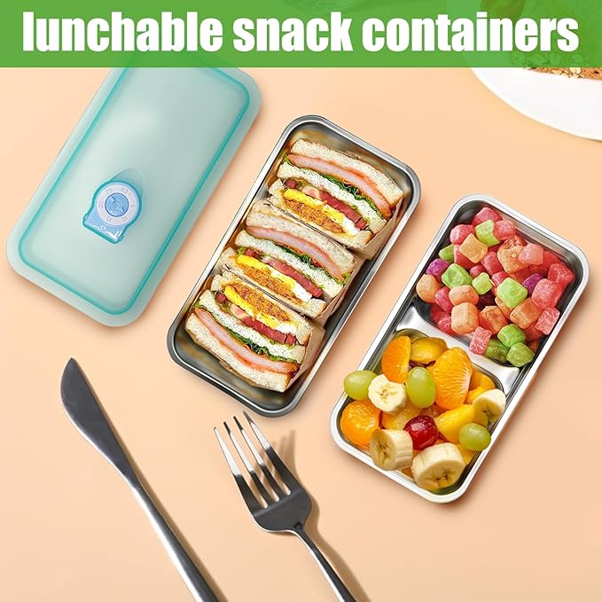 Stainless Steel Snack Containers with Lids - condiment containers with lids, reusable double compartment snack containers, Grab and Go Snack Containers Dishwasher Safe for School, Work, travel