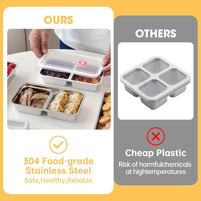 4 Pack Reusable Stainless Steel Snack Containers with Lids, Double Compartment Grab and Go Snack Food Storage Durable Portable for Adults Travel and Outdoor Camping Lunch Snack Boxes