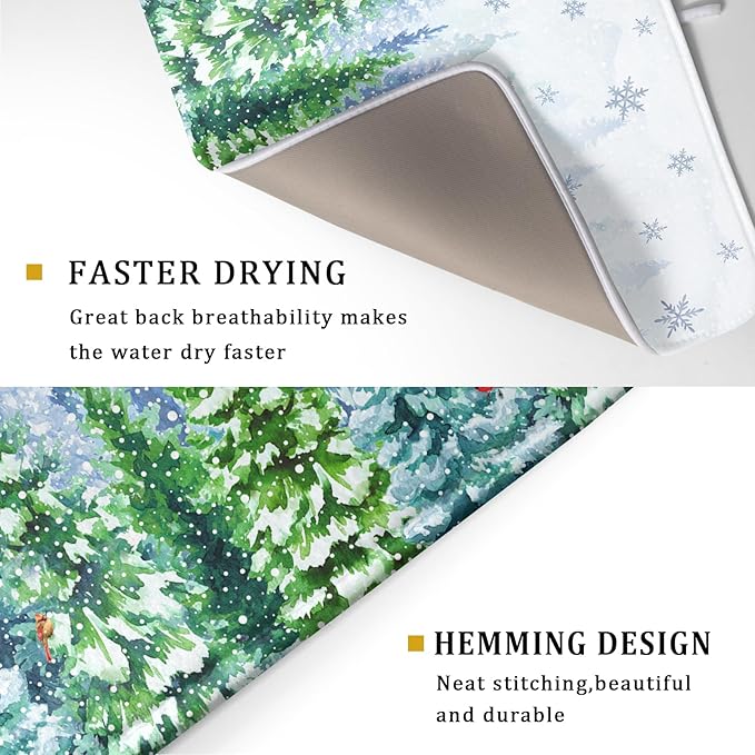 Winter Forest Dish Drying Mats - Snowflake Birds Dish Drainer Mat 18x24 Welcome Christmas Dish Draining Mat Watercolor Wildlife Tree Drying Pad for Kitchen Counter Sink