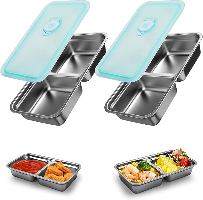Stainless Steel Reusable Snack Containers with Lids, Grab and Go Double Compartments Snackle Box Containers, Small Sauce Condiment Containers for Travel,School,Camping, Dishwasher Safe, 2 Pack, 15.2oz