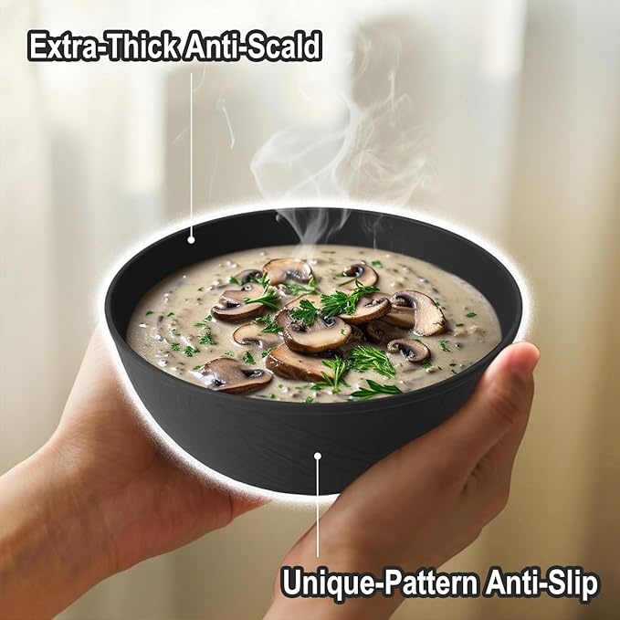 Wrova Black Cereal Bowls 40oz for Cereal Lover,Unbreakable Alternative Plastic Bowls Set of 6,Extra Thick Anti-Scald Bowl Sets suitable for Salad,Soup and Fruit.