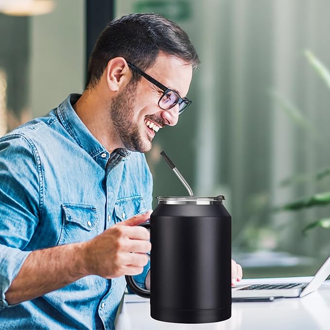 Insulated Coffee Mug 50 oz Tumbler with Handle - Metal Straws, Wide Mouth Leak-proof BPA-Free Stainless Steel Coffee Cup, Insulated Tumbler Big Travel Thermal Flask Water Bottles Keep Cold 36 Hrs