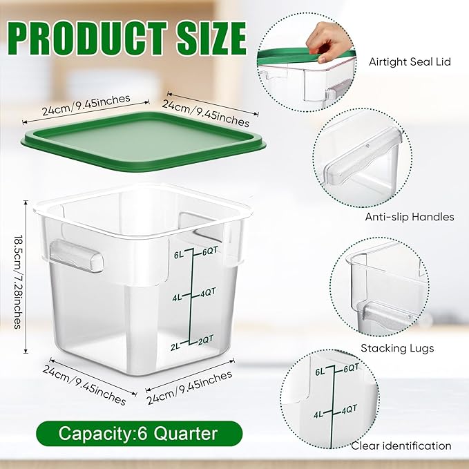 2 Pieces Square Food Storage Containers Polycarbonate Clear food Container with Lid Commercial Storage with Graduations for Commercial Kitchen Dough Marinating Meat(Green, 6 Qt)