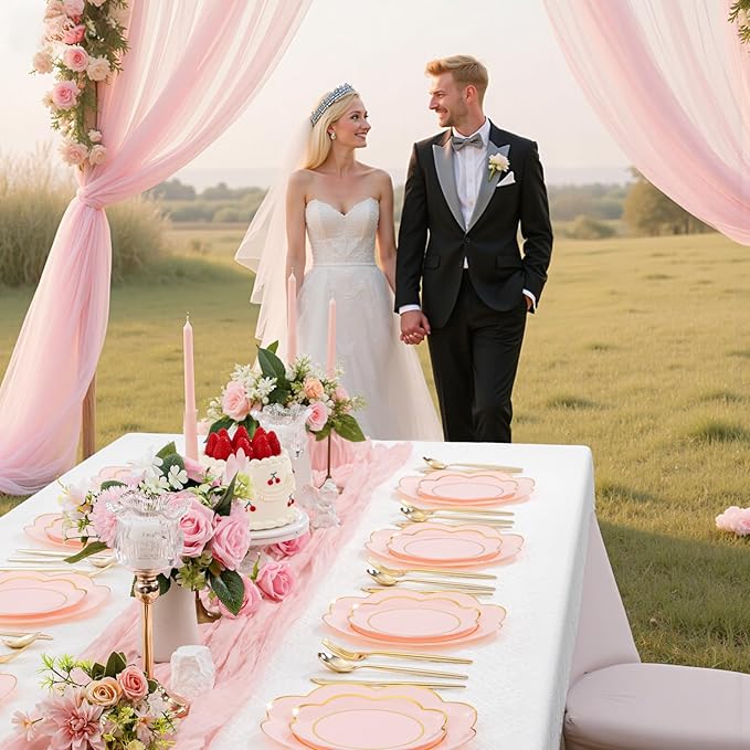 WONDERFUL 60pcs High-End Pink Plastic Plates - Disposable Heavy Duty Pink Plates with Gold Rim Plastic Disposable Plate for Party Wedding/Birthday/Bridal Shower/Upscale Banquet Suitable for 30 Guests