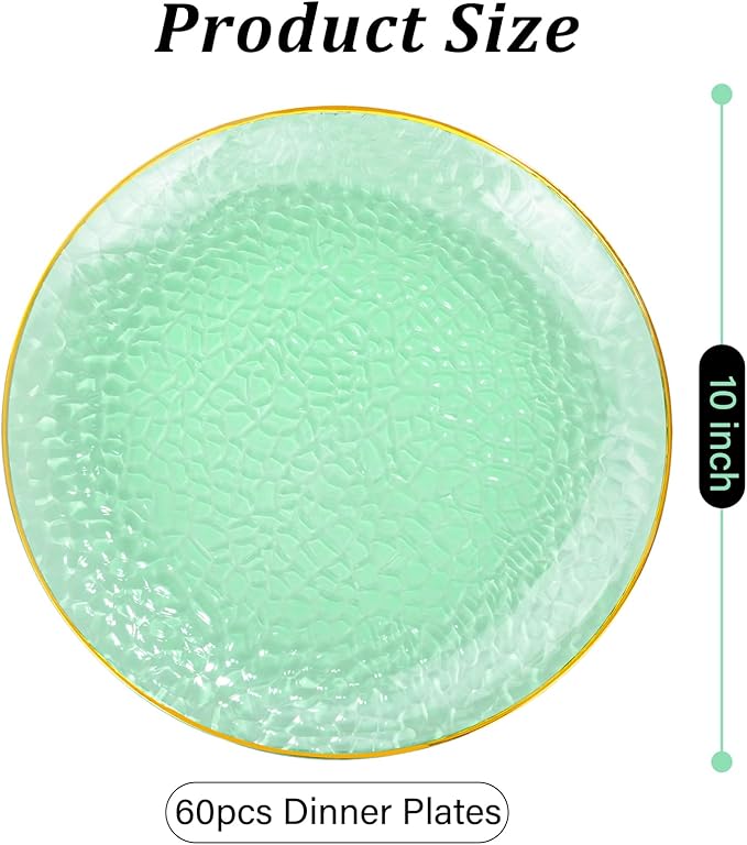 Rubtlamp 60 Pieces Green Gold Plastic Plates - 10 inch Green Plastic Dinner Plates - Hammer Pattern Design - Fancy Disposable Plates Ideal for Wedding & Party