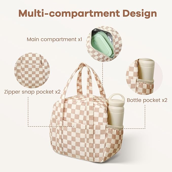 Yarnic Lunch Bag Women Men Insulated, Large Corduroy Lunch Box for Work with Bottle Pockets, Stylish Reusable Cooler Tote for Adults Teachers Picnic Hiking (Checkered Brown)