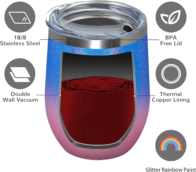 MEWAY 12oz/16 Pack Wine Tumbler Glasses with Lid - Stemless Double Wall Vacuum Stainless Steel Glitter Tumbler - Keeping Cold & Hot Cup for Coffee,for Women(Gradient Pink,Set of 16)