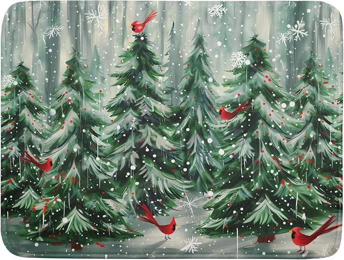 Winter Pine Tree Dish Drying Mat Red Bird Berry Dishes Drainer Mats Absorbent Microfiber Kitchen Counter Protector Drying Mats 18x24 Inch