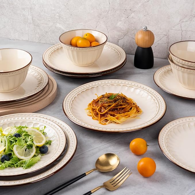 Dinnerware Set Cream White 12 Pieces Service for 4, Stoneware Plates and Bowls Set Stoneware Set, Dishwasher Microwave Safe Dishes set