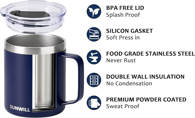 SUNWILL Insulated Coffee Mug with Lid, Travel Tumbler with Handle, 14oz Stainless Steel Cup for Camping, Office, Home, Powder Coated Navy Blue