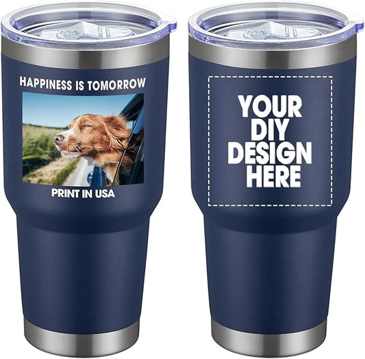 Personalized Custom Tumbler Print in USA 30oz Stainless Steel Coffee Cup with Lid & Straw Double Wall Insulated Tumbler with Colorful Text Logo Photo