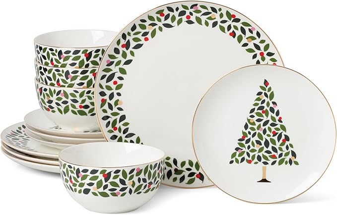 kate spade new york Evergreen 12-Piece Dinnerware Set, 12 Count, Ivory, Christmas, Holiday Hosting