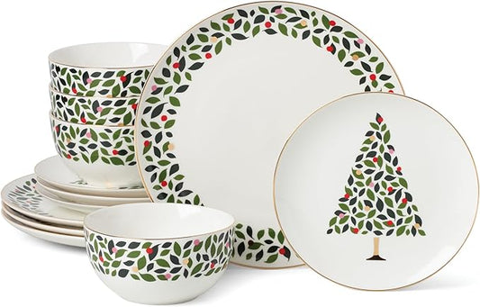 kate spade new york Evergreen 12-Piece Dinnerware Set, 12 Count, Ivory, Christmas, Holiday Hosting