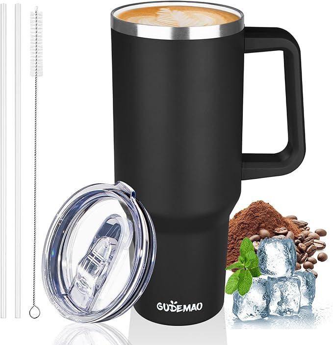 40 oz Insulated Coffee Mug with Ceramic Coating, Stainless Steel Travel Coffee Tumbler with Handle Lid and Straw, Double Wall Leak-Proof Coffee Travel Mug Keeps Drink Hot and Cold (Black)