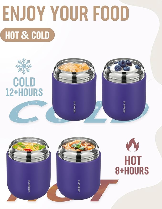 17oz Soup Thermo for Hot Food Adults Insulated Food Jar Thermo Hot Food Lunch Container Wide Mouth Stainless Steel Lunch Box for Kids with Folding Spoon Cleaning Brush Purple