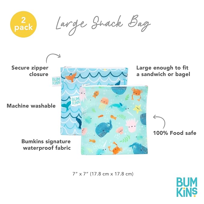 Bumkins Reusable Sandwich and Snack Bags, for Kids School Lunch and for Adults Portion, Washable Fabric, Waterproof Cloth Zip Bag, Travel Pouch, Food-Safe Storage, Large 2-pk Blue Ocean Life
