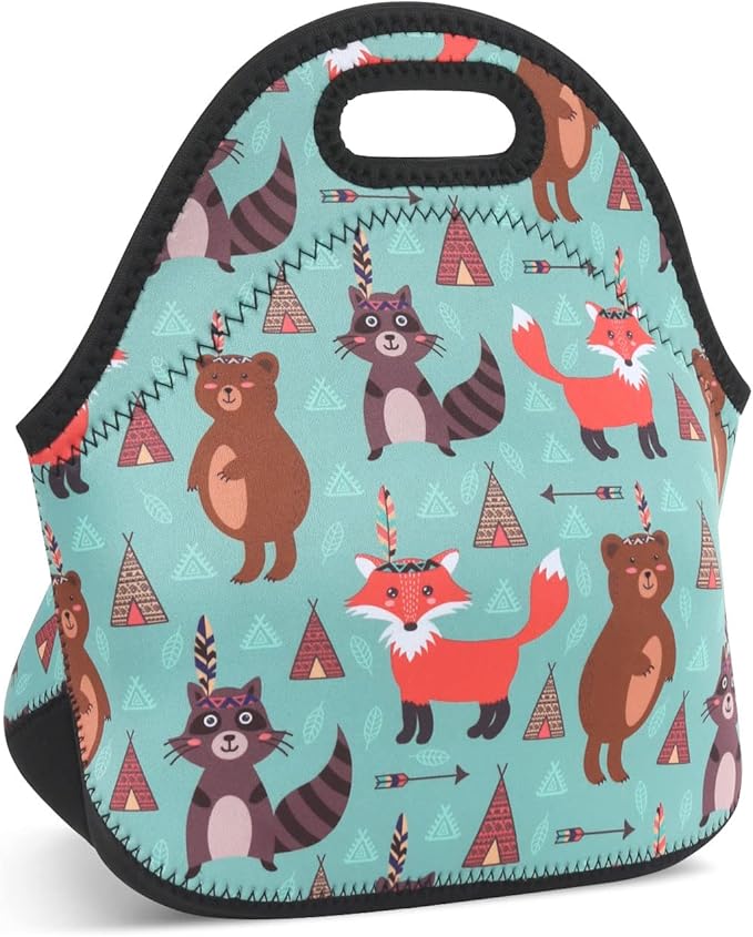 Violet Mist Womens Reusable Neoprene Lunch Bag Cute Insulated Lunch Box Fox Bear Animal Thermal lunch bags Waterproof Food Handbags Meal Prep Lunchbags Travel Work Gift for Women Men Adult