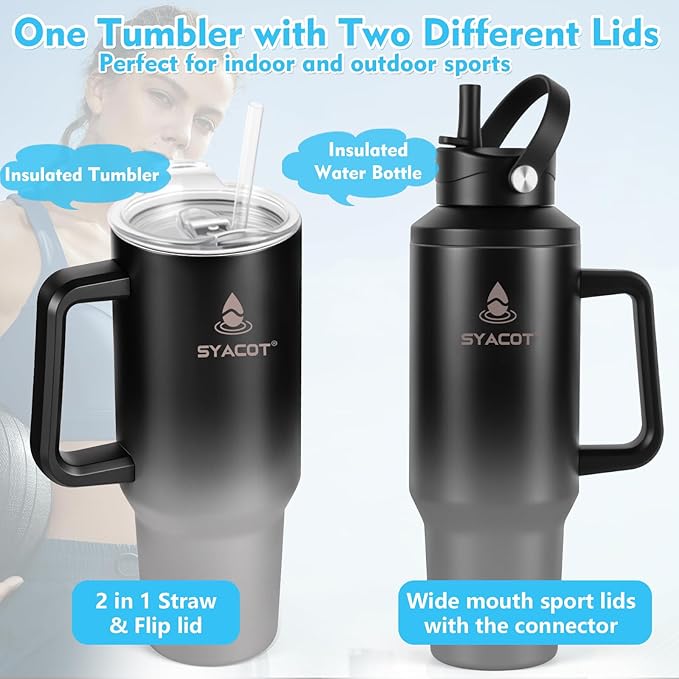40 oz Tumbler with Handle and Straw or Convert to 40 oz Insulated Water Bottle Fits in Cup Holder. Stainless Steel Metal Water Flask with 2 Lids for Travel,Camping,Gym Sports Coffee Mug Thermal Cup