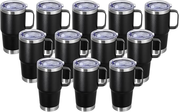 20 oz Stainless Steel Tumbler with Handle Metal Insulated Coffee Travel Mug with Handle Double Wall Tumbler Cup with Lid and Straw, 12 packs(1, NEW Black)