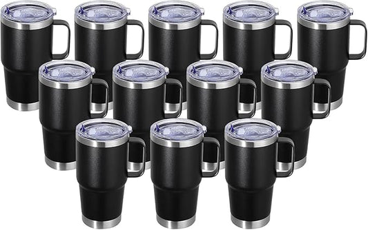 20 oz Stainless Steel Tumbler with Handle Metal Insulated Coffee Travel Mug with Handle Double Wall Tumbler Cup with Lid and Straw, 12 packs(1, NEW Black)