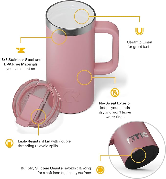 RTIC 16oz Road Trip Travel Mug with Lid and Handle, Ceramic Lined, Insulated, Stainless Steel, Metal, Double Wall Vacuum-Insulation, Portable Coffee, Tea Cup for Hot and Cold Drink, Dusty Rose
