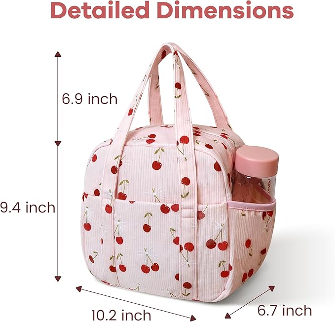 Yarnic Corduroy Lunch Bag Women Men Insulated, Large Lunch Box for Work with Bottle Pockets, Stylish Reusable Cooler Tote for Adults Teachers Picnic Hiking (Cherry Bow)