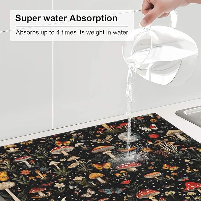 Black Forest Mushroom Butterfly Dish Drying Mats, Absorbent Microfiber Cute Decorative Kitchen Counter Mat, 16 x 18 inch, Washable, Reusable, Foldable for Dishes Utensils, Small Appliances, Home Decor