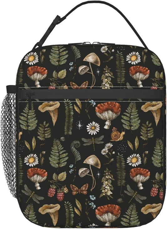SUPLUCHOM Lunch Box Vintage Mushroom Leaf Forest Insulated Bag Reusable with Side Pocket for Work School Picnic Hiking Daytrip Kid Over 3 Years Old