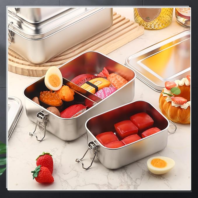 Umigy 3 Pcs Stainless Steel Food Containers 1200/1400/2400ml Metal Bento Lunch Box Stainless Steel Food Storage Containers, Lockable Clips to Leak Proof, Reusable Dishwasher Snack Boxes for Work
