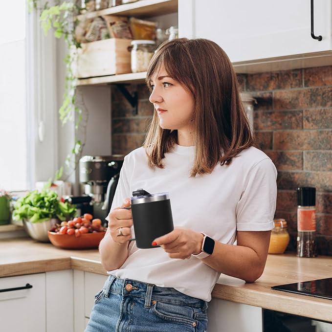 Volhoply 12oz Insulated Leakproof Coffee Mug with Flip & Straw Lid Bulk 8 Pack,Double Wall Vacuum Stainless Steel Travel Tumbler Cup with Handle,Reusable Camping Keep Cold/Hot(Black,8 Set)