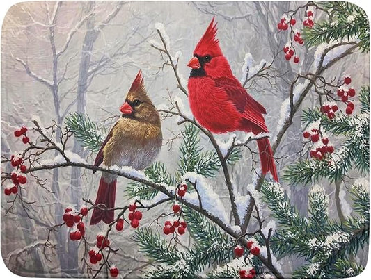 Red Bird Dish Drying Mat Merry Christmas Dishes Pad Absorbent Fast Dry Dish Drainer Mat Protector for Kitchen Counter 18 x 24 Inches