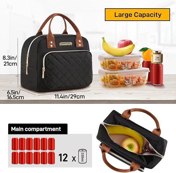 Buringer HOMESPON Lunch Bag for Woman Man Adults with Front Pocket Insulated Lunch Tote Lunch Box Container for Work Picnic or Travel（Golden Black）