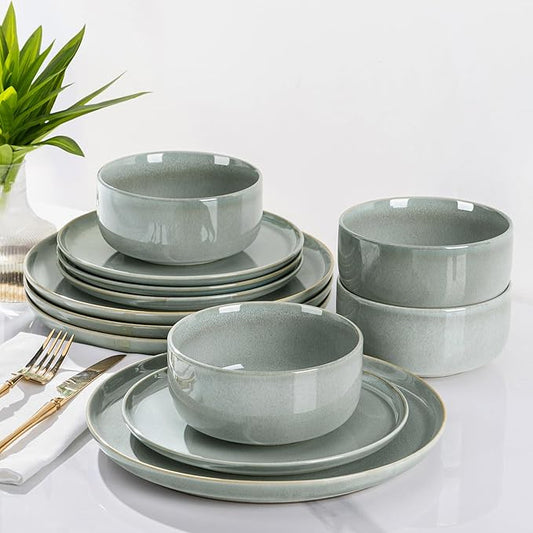 TheTerra Ceramic Dinnerware Sets for 4, 12 Pieces Handmade Reactive Glaze Plates and Bowls Set, Scratch Resistant Dish Set, Oven & Microwave & Dishwasher Safe, Sea Foam