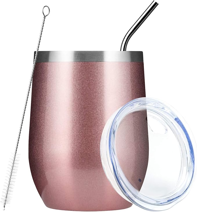 MEWAY Stemless 12 OZ Wine Tumbler Glasses with Lid -Insulated Double Wall Vacuum Stainless Steel Travel Tumbler with Straw,for Woman Under 10 dollars (Rose gold,1)