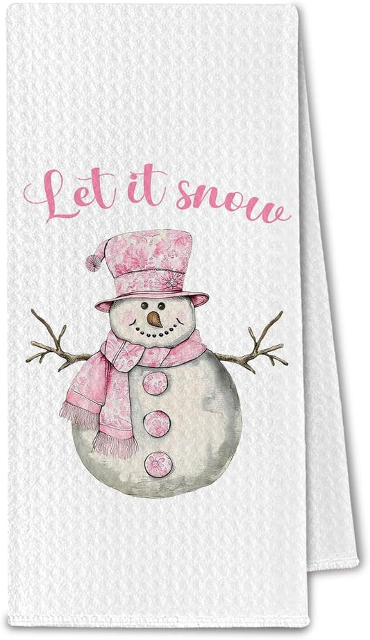 Pink Chinoiserie Christmas Snowman Kitchen Towels, Preppy Winter Dish Towels Drying Cloth for Kitchen, Let It Snow Xmas Holiday Snowman Decorative Hand Towel for Bathroom, 16x24 Inch