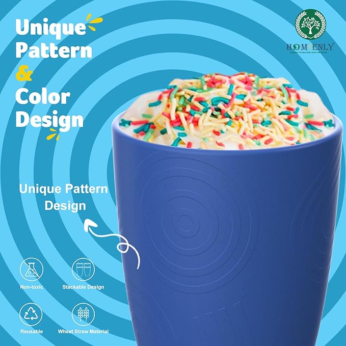 Homienly Wheat Straw Cups Set of 8, 12oz Drinking Cups, Plastic Cups Reusable Dishwasher Safe, Water Cups Set for Juice, Milk, Coffee - Ocean