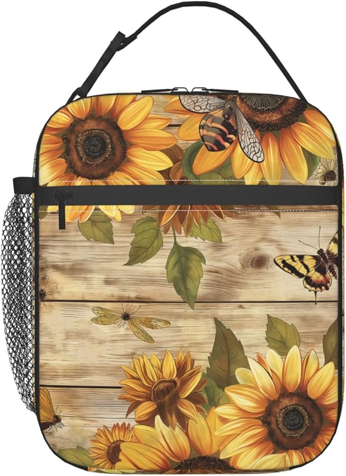 Sunflower Lunch Box for Adults Women Girls Boys Kids Farmhouse Wooden Lunch Box Insulated Cooler Reusable Lunch Bag Container Gifts for Work Office Picnic Travel School