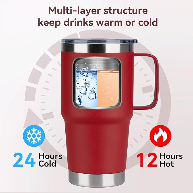 20oz Tumbler Bulk with Lid, Stainless Steel Tumbler Bulk with Handle, Metal Insulated Travel Coffee Mug Set with Handle, Double Wall Vacuum Leak Proof Tumbler Cup, Red 12 Pack