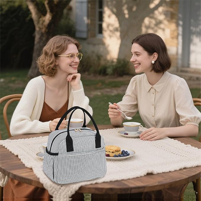 CAMTOP Lunch Box for Women Men Insulated Lunch Bag Lunch Tote Bag Leakproof Thermal Cooler Large Capacity for Travel Work School Picnic (Black white stripes)