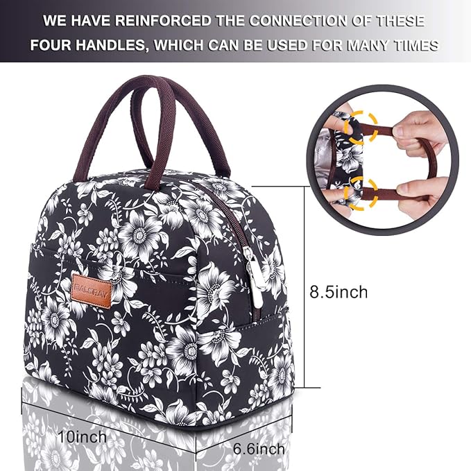 BALORAY Lunch Bag for Women Men Insulated Lunch Box for Adult Reusable Lunch Tote Bag for Work, Picnic or Travel (White Flower)