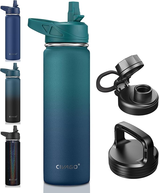 CIVAGO 22 oz Insulated Water Bottle With Straw, Stainless Steel Sports Water Flask Cup with 3 Lids (Straw, Portable Spout and Handle Lid), Double Walled Travel Thermal Canteen Mug, Dark Night