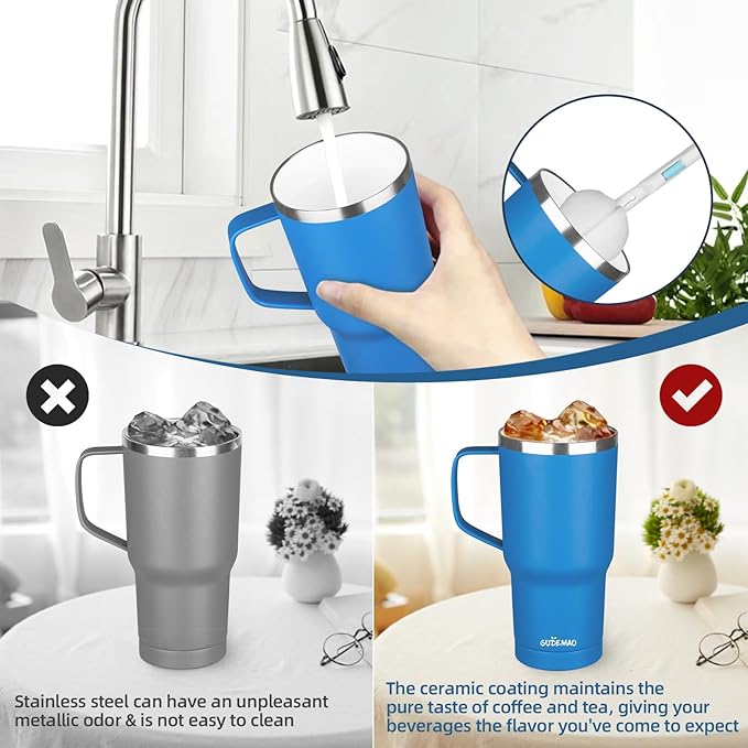 20 oz Insulated Coffee Mug with Ceramic Coating, Stainless Steel Travel Mug Tumbler with Handle Lid and Straw, Double Wall Leak-Proof Coffee Travel Mug Keeps Drink Hot and Cold (Blue)