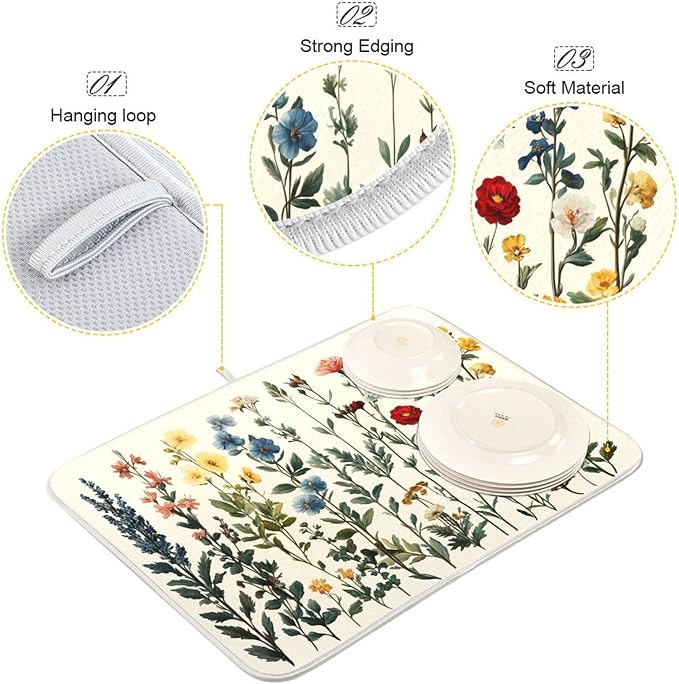 Vintage Plants and Colorful Flowers Dish Drying Mat for Kitchen Counter Super Absorbent Dishes Pad Reversible Microfiber Protector Dish Draining Mats 16x18 inch