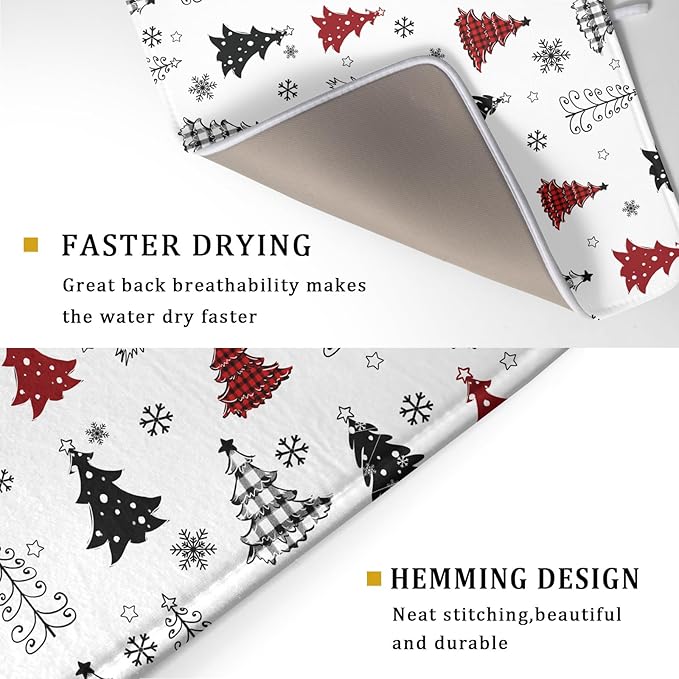 Xmas Dish Drying Mat for Kitchen Counter Black White Trees Festival Microfiber Absorbent Dish Draining Reusable Washable Foldable Extra Large 18"x24"