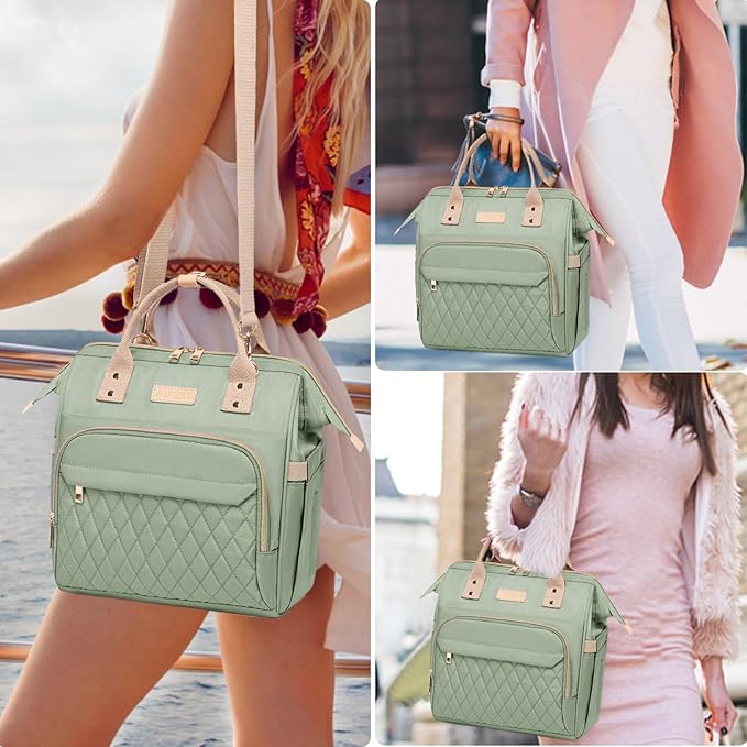 AIJIEKE Lunch Bag for Women, Large Lunch Box for Work Insulated Lunch Bag, Adult Leak Proof Lunch Tote Cooler Bag with Side Pockets & Adjustable Strap, Lunch Purse for Picnic Beach, Green