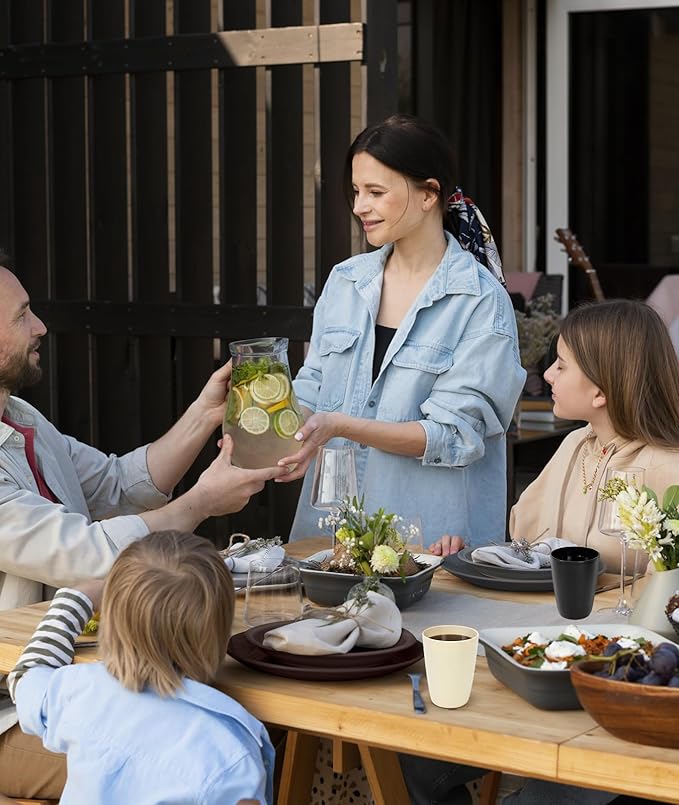 Quatish 32 Piece Plates and Bowls Sets for 8, Unbreakable Dinnerware Sets, Plastic Dish Set for Camping, Dishwasher Microwave Safe, Outdoor Kitchen and Apartment Dinning RV Essentials, Brown