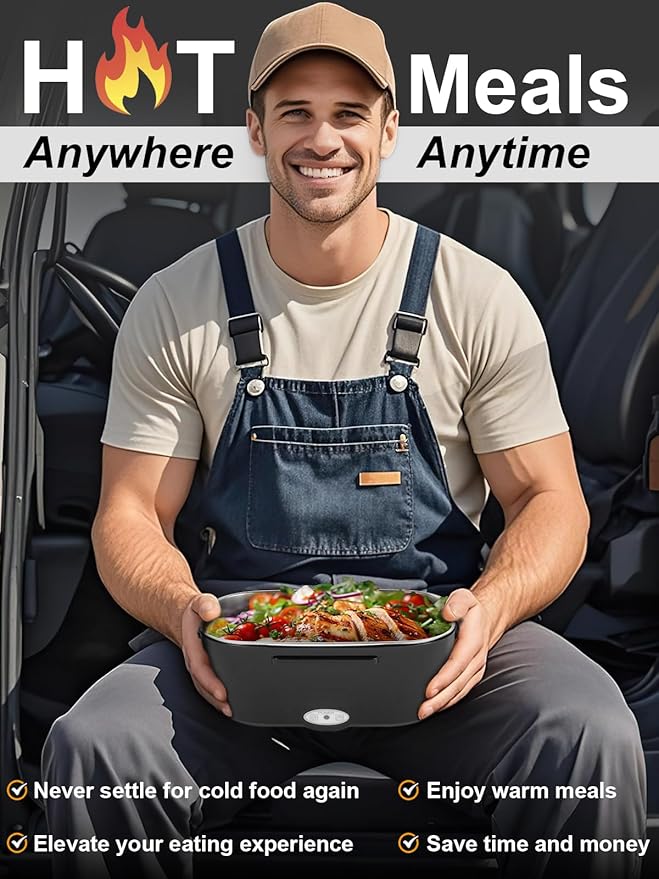 80W Electric Lunch Box for Adults, 1.5L Stainless Steel Food Warmer Lunchbox, 12V/24V/110V Portable Heated Lunch Box for Car/Truck/Office, Leak-Proof, Dishwasher-Safe with Fork & Spoon (Black)