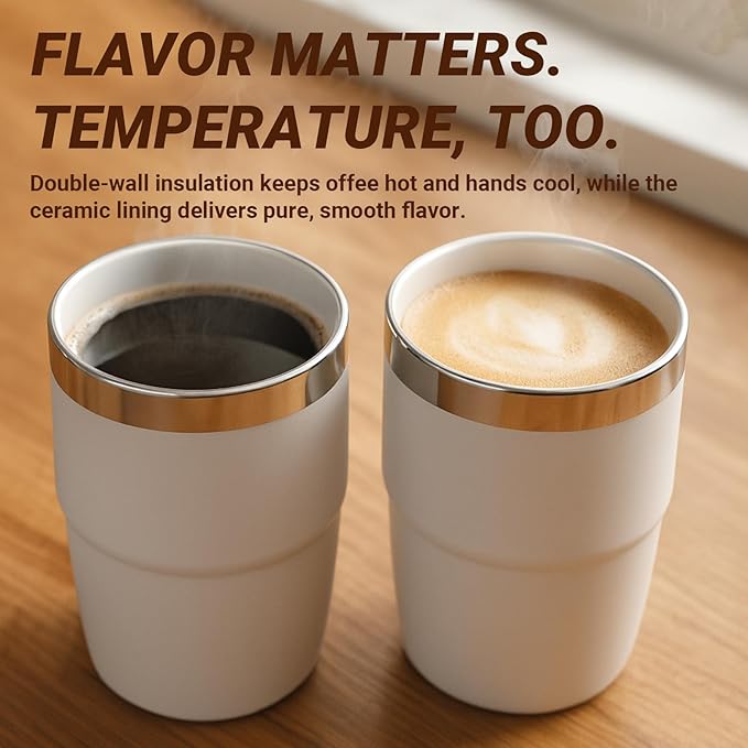 8 oz Espresso/Coffee Cup with Magnetic Lid, Ceramic-Lined 18/8 Stainless Steel, Double-Wall Vacuum Insulated, Stackable, Dishwasher Safe, Mini Tumbler for On-the-Go (Hot Pink, 2 Pack)