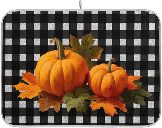 Pumpkins and Fall Leaves Dish Drying Mat for Kitchen Counter Super Absorbent Dishes Pad Reversible Microfiber Protector Dish Draining Mats 18x24 inch